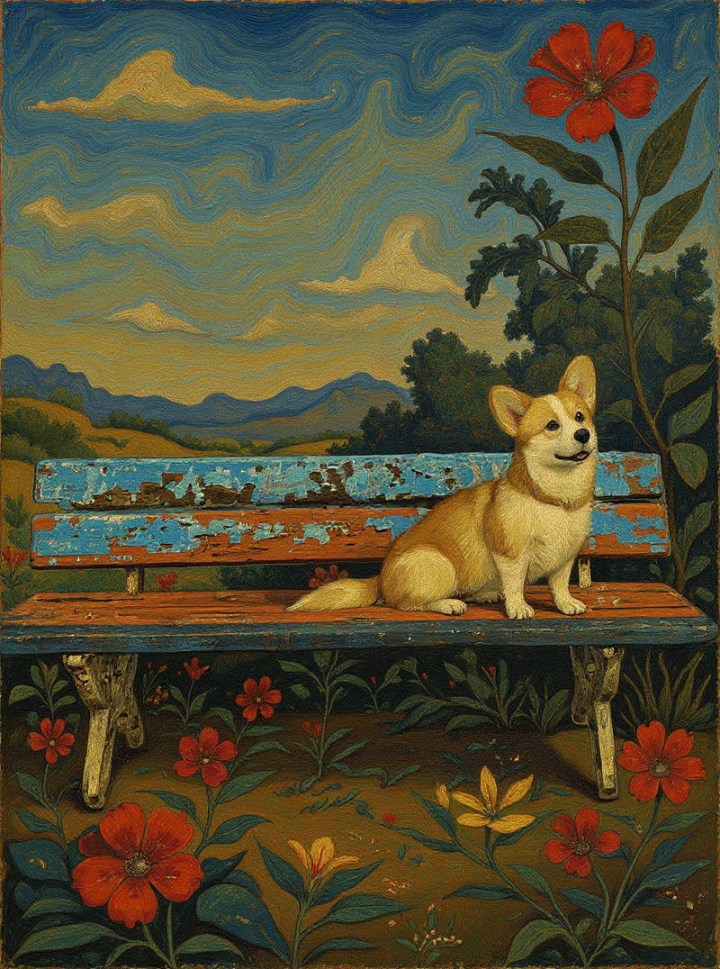 Portrait de corgi style Frida Kahlo - surréalisme floral