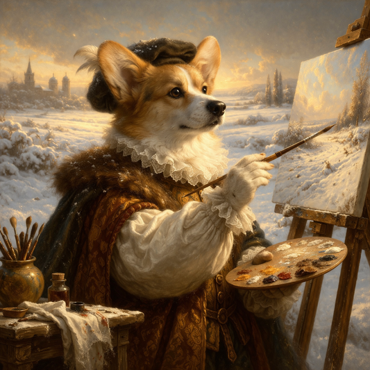 Chien peintre parmi caisses et fournitures, atelier intimiste chaleureux